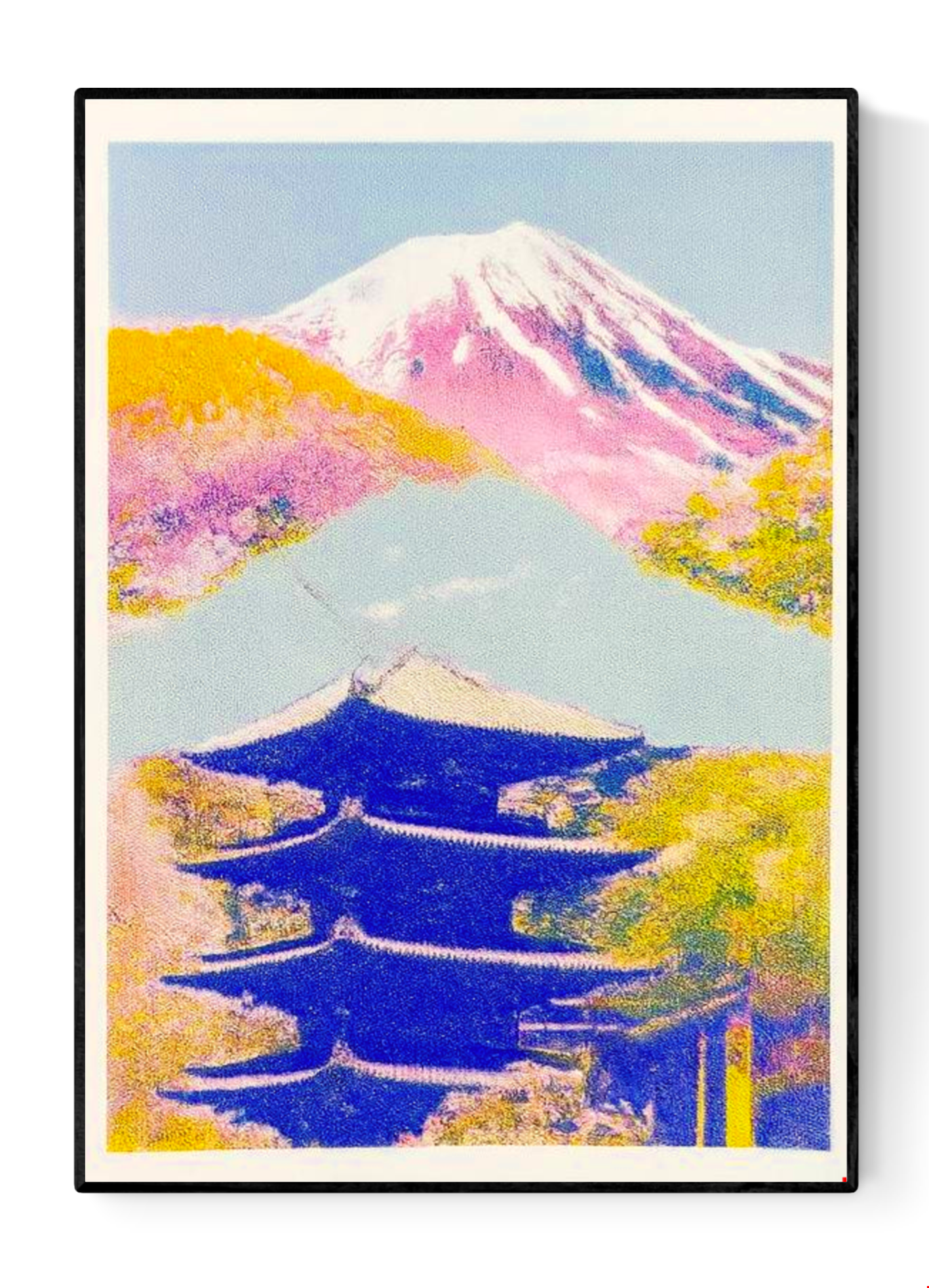 Colorful risograph art print of a Japanese landscape by PTRVRKD featuring Mount Fuji in soft pink and purple tones, a blue traditional pagoda, and vibrant yellow-orange trees. Modern Japanese collage illustration, handprinted with soy inks on high-quality Biotop paper. Perfect for Japan lovers and contemporary design enthusiasts.