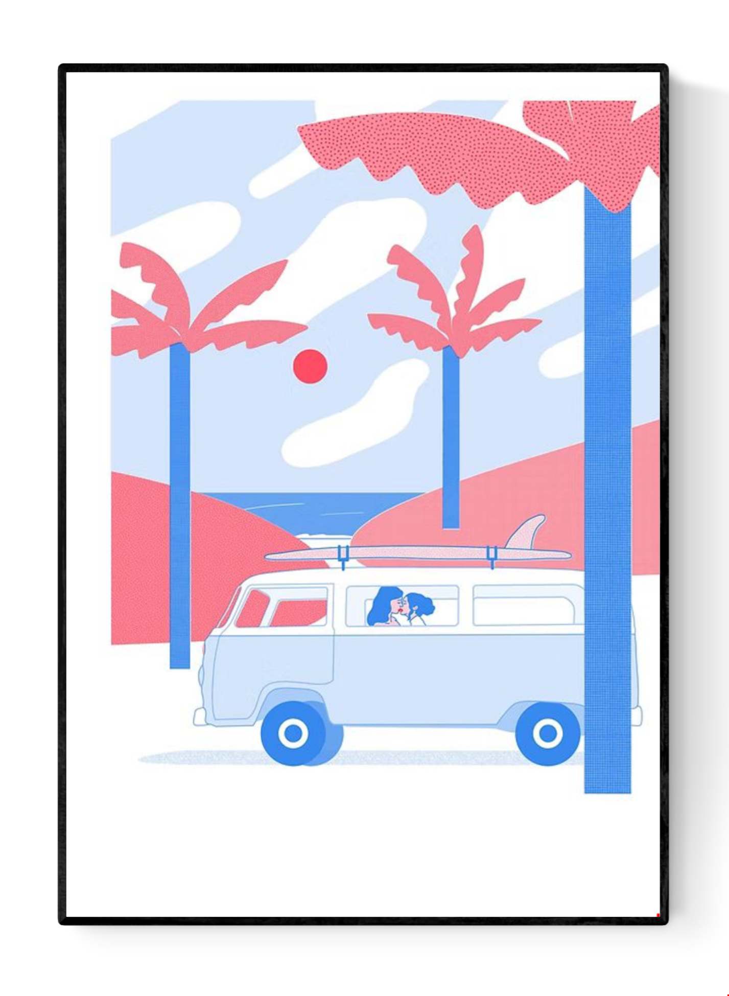 A2 risograph print by Belgian illustrator Studio Stoutpoep featuring a colorful retro campervan named Fanny, inspired by a road trip in Sardinia, printed in limited edition with eco-friendly inks.