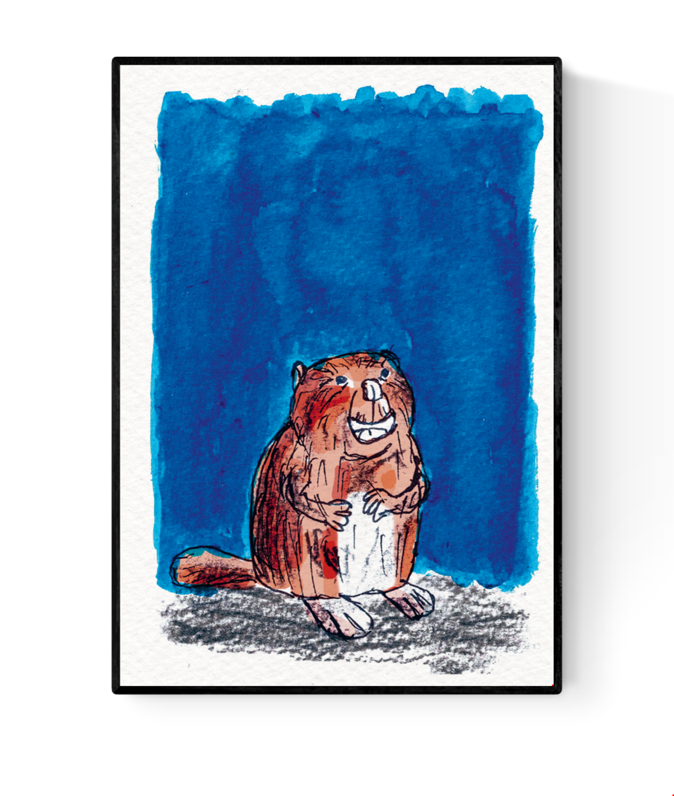 A6 greeting card titled “De bever” by Ilia Claus featuring a hand-drawn smiling beaver against a vibrant blue watercolor background. Part of the Ecoline series, printed on 350g art card with envelope included.