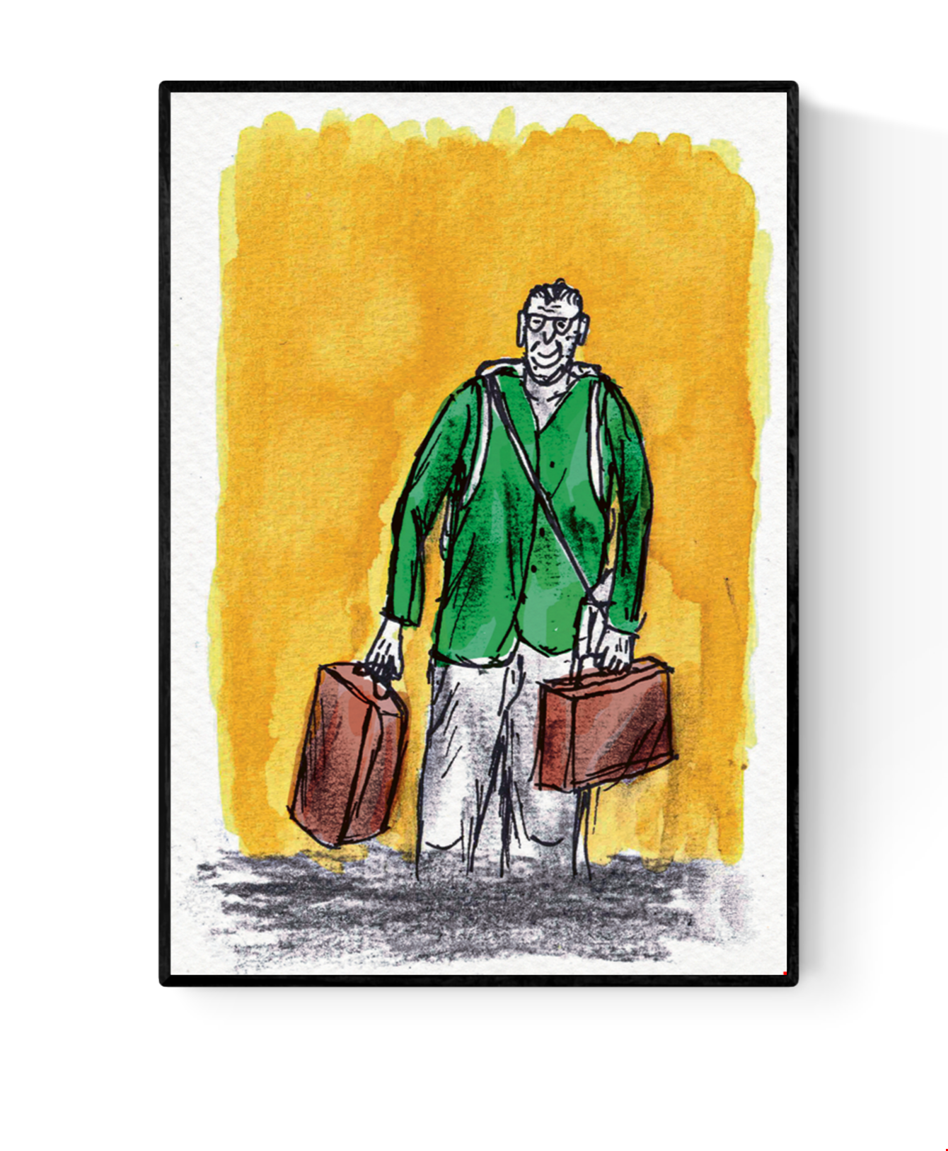 A6 art card titled “De reiziger” by Belgian illustrator Ilia Claus. Features a man with glasses wearing a green shirt, carrying two brown suitcases against a bright yellow watercolor background. Printed on 350g paper with matching envelope.