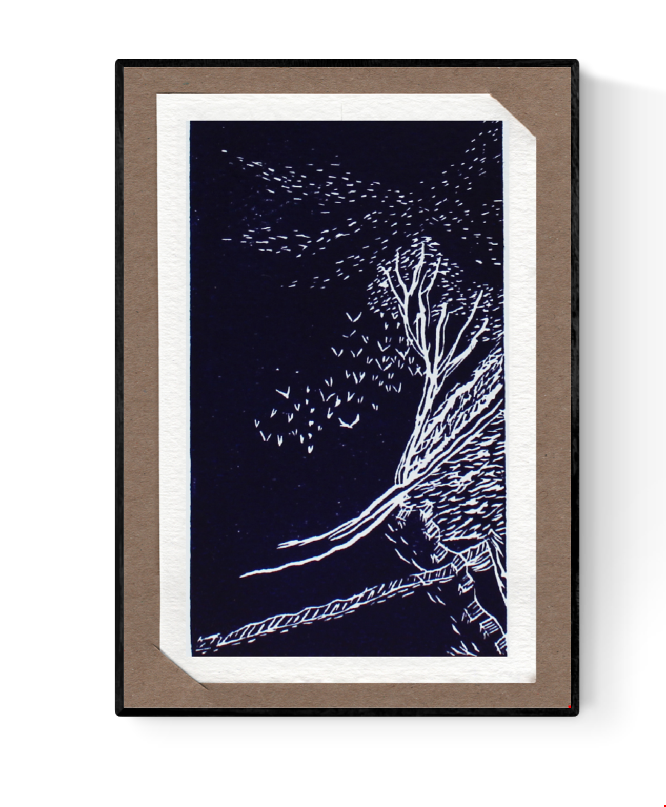 Linocut illustration of a solitary tree on a hillside, surrounded by flying birds under a night sky. Handmade art card by Belgian illustrator Ilia Claus. Includes passe-partout and envelope.