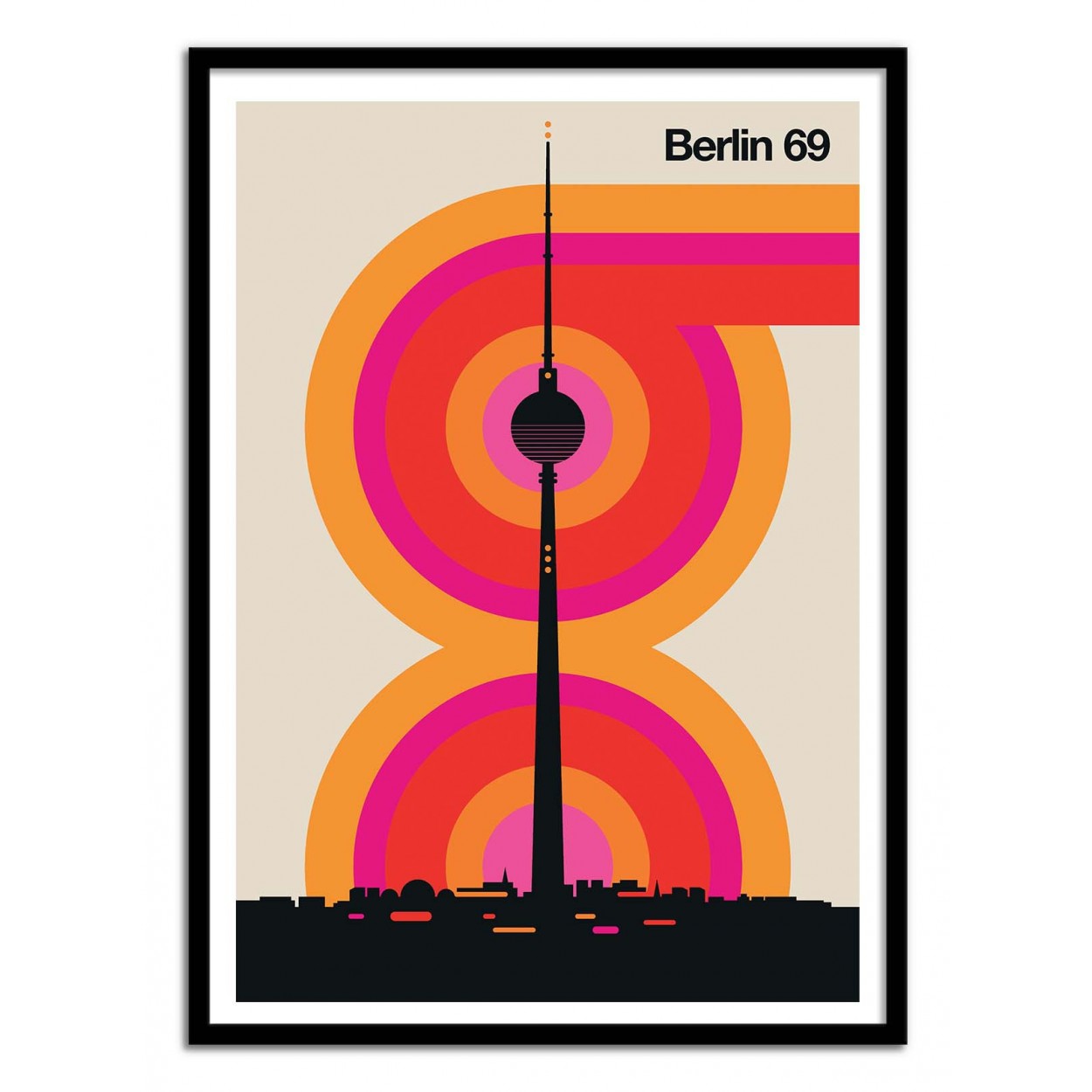Berlin 69 by Bo Lundberg – 30x40 cm retro art print featuring the Berlin TV Tower with vibrant concentric circles in orange and pink, inspired by 1960s and 1970s graphic design. Minimalist geometric style, printed on FSC-certified paper in France, unframed, eco-friendly urban wall art for design and architecture lovers.