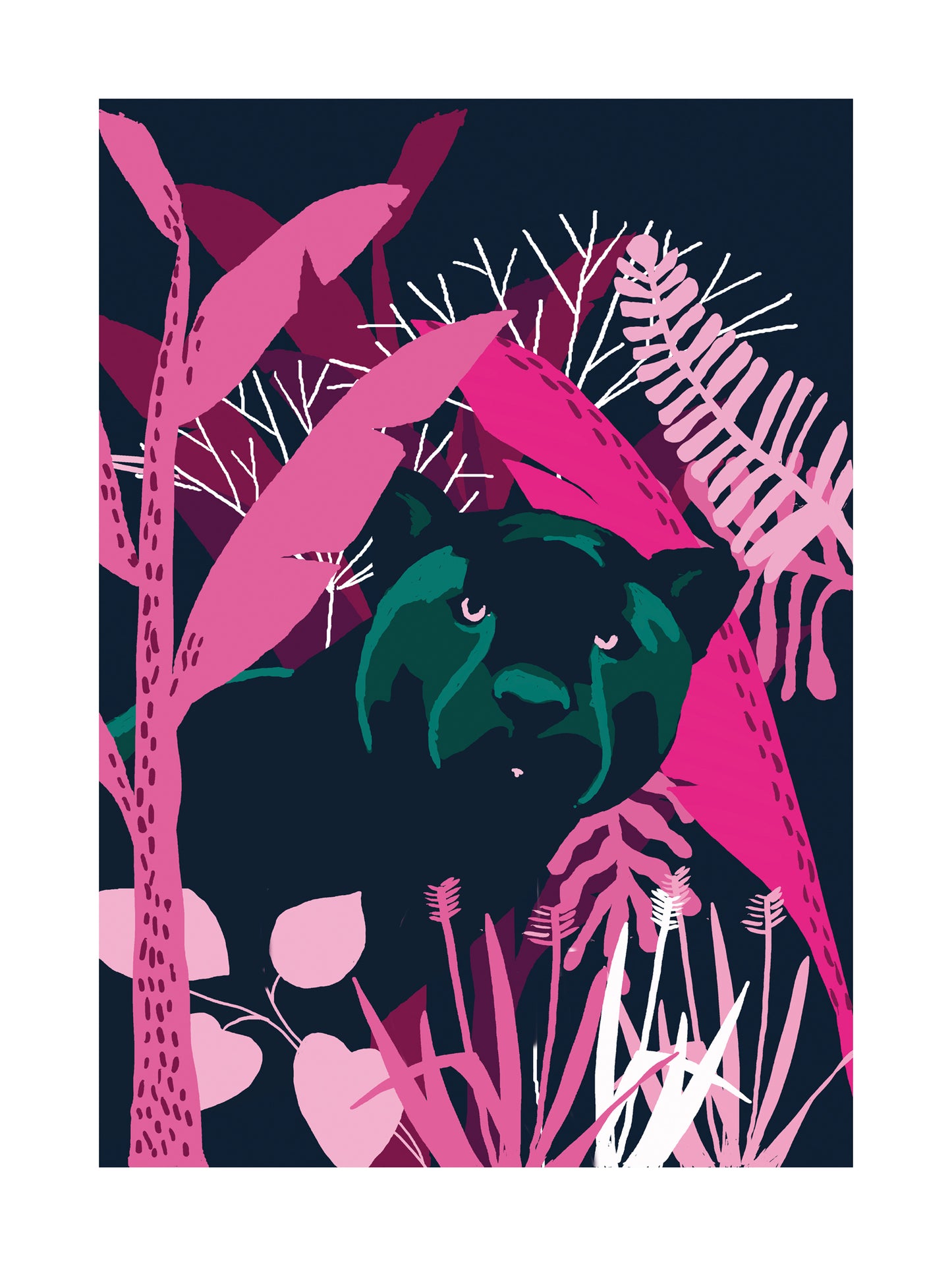 Black panther jungle art print with bold pink tropical leaves and dark night background, modern animal wall art by Gert Paenen