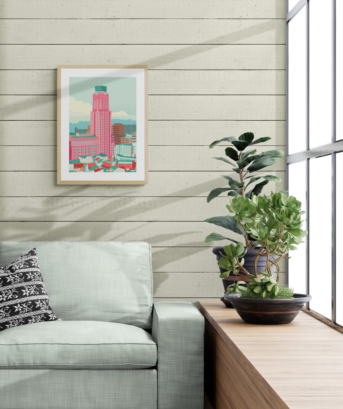 Boerentoren Antwerp illustration by Studio Frits – colorful modern art print of the iconic Art Deco skyscraper in Antwerp, Belgium, architectural wall art in pastel tones, perfect for urban design lovers, available at Galerie Frits