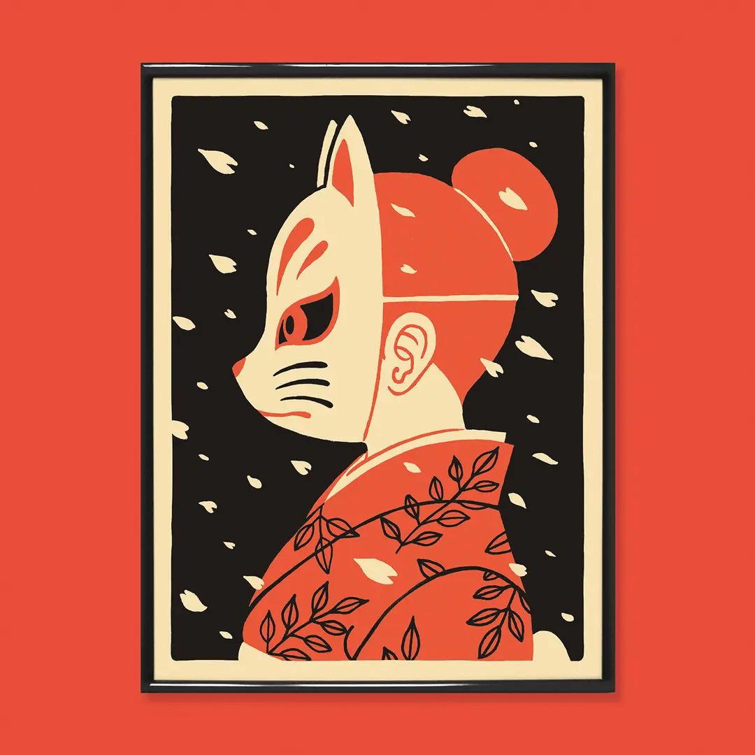Hanami art print by Yeaaah! Studio – Japanese kitsune fox mask girl in kimono illustration, inspired by folklore and pop culture, bold modern wall art on 300g paper