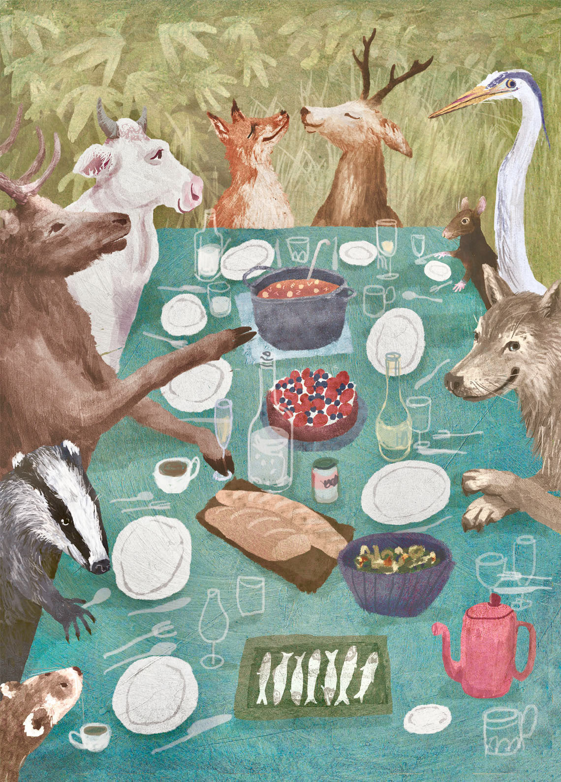 Bosfeest art print by Stien van Kerckhoven featuring a joyful forest feast with animals dining together around a blue table in a woodland setting — wolf, deer, fox, heron, and badger sharing food, wine, and laughter. Warm, whimsical giclée illustration celebrating friendship and nature.