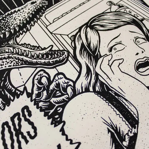 Raptor art print by Yeaaah! Studio featuring retro black-and-white comic cover design with a terrified woman, an open fridge, and a velociraptor inside. Includes text “Raptors in the Kitchen,” printed on 30x40 cm Old Mill Premium White 300g paper, digital print, unframed, made in France.