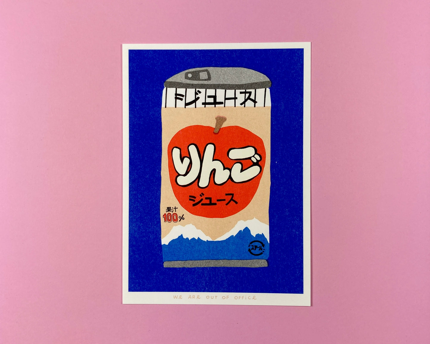 Colorful risograph print by We Are Out Of Office showing a can of Japanese apple juice with Mount Fuji in the background, printed in red, blue, and beige tones on eco-friendly paper – modern pop art wall decor for design lovers.
