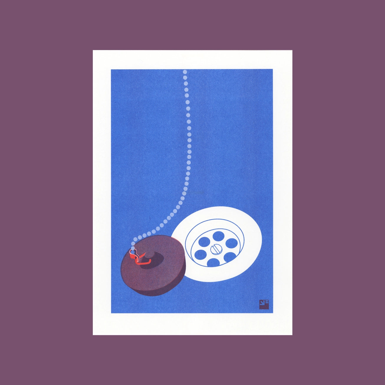 Minimalist risograph art print of a kitchen sink drain and plug, designed in vivid red and blue by Dutch studio VrijFormaat. Modern pop-art style illustration from the “Extra Ordinary” series, celebrating everyday household objects. Printed on Biotop paper, A4 size, made in Utrecht, the Netherlands.