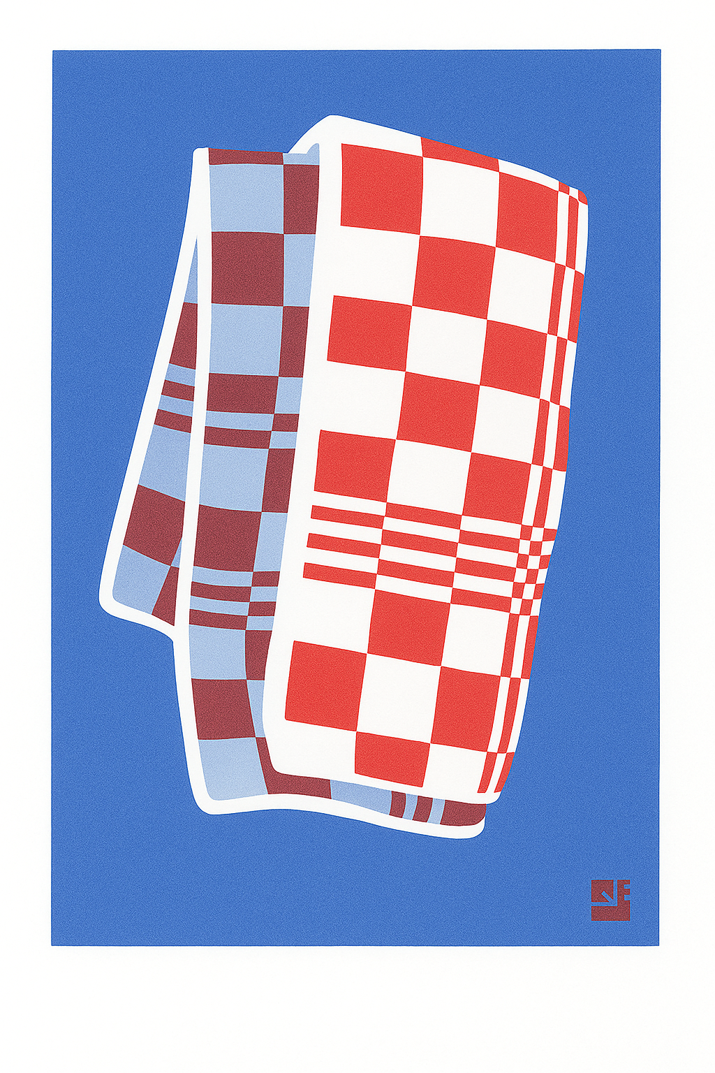 A4 risograph print titled Towel by Dutch studio VrijFormaat. Features a red and blue checkered dish towel illustrated in bold, minimalist style. Part of the “Extra Ordinary” series, printed on 160g Biotop paper using soy-based risography ink. Ideal for lovers of design, pattern, and printmaking.