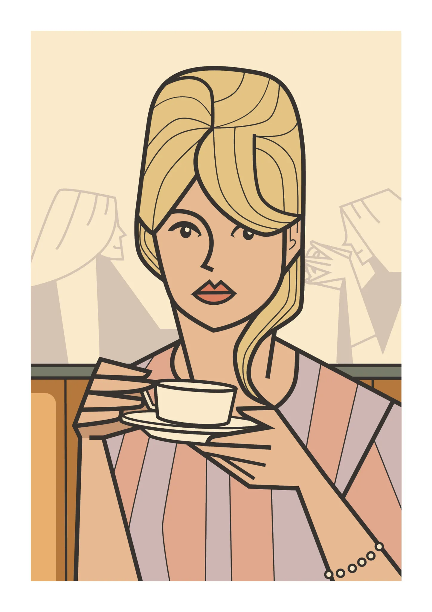 Dreaming of … by Floor 4 Productions, A3 art print featuring a serene, stylish woman in soft pastel tones, created in a clean four-color graphic style on textured matte 300gsm paper. Elegant modern illustration perfect for adding calm, sophisticated charm to living rooms, bedrooms, cafés, and contemporary interiors.