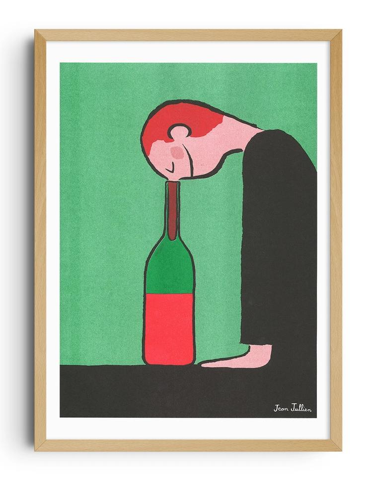 “Bottle” by French illustrator Jean Jullien – a risograph art print featuring a minimalist figure resting its head against a wine bottle, rendered in bold black, red, and green on Munken paper. A witty and emotional artwork that blends humor, simplicity, and design — perfect for modern interiors and collectors of contemporary illustration.