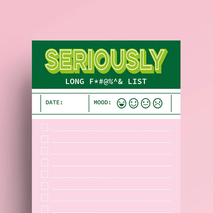 Funny pink and green notepad titled “Seriously Long F#@*%& List” by Studio Inktvis, perfect for extra-long to-do lists, printed in the Netherlands with 50 colorful pages for staying organized with style.