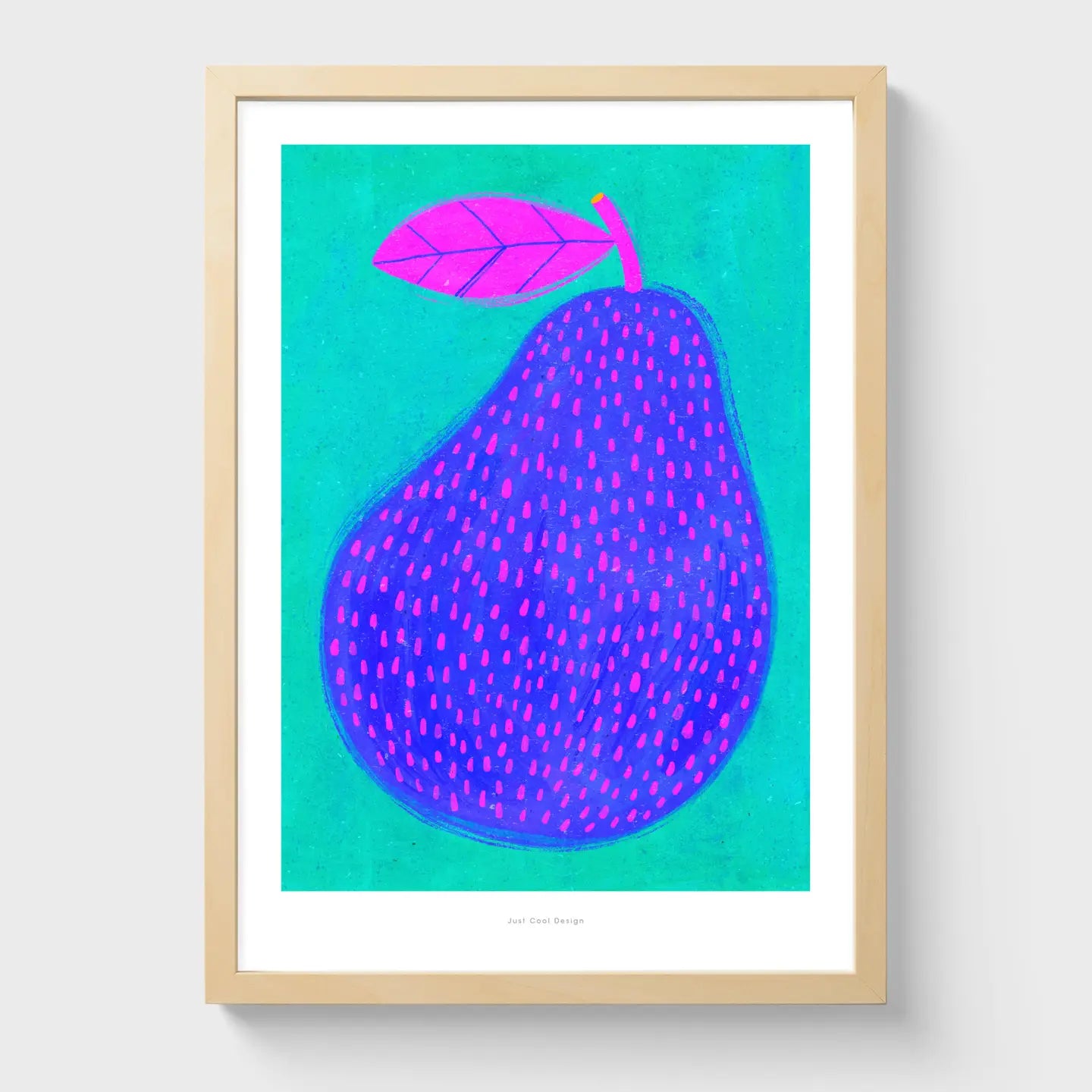 Vibrant giclée art print of a stylized blue-purple pear with pink dots and a bright magenta leaf, set against a turquoise background; bold, modern fruit illustration by Just Cool Design.