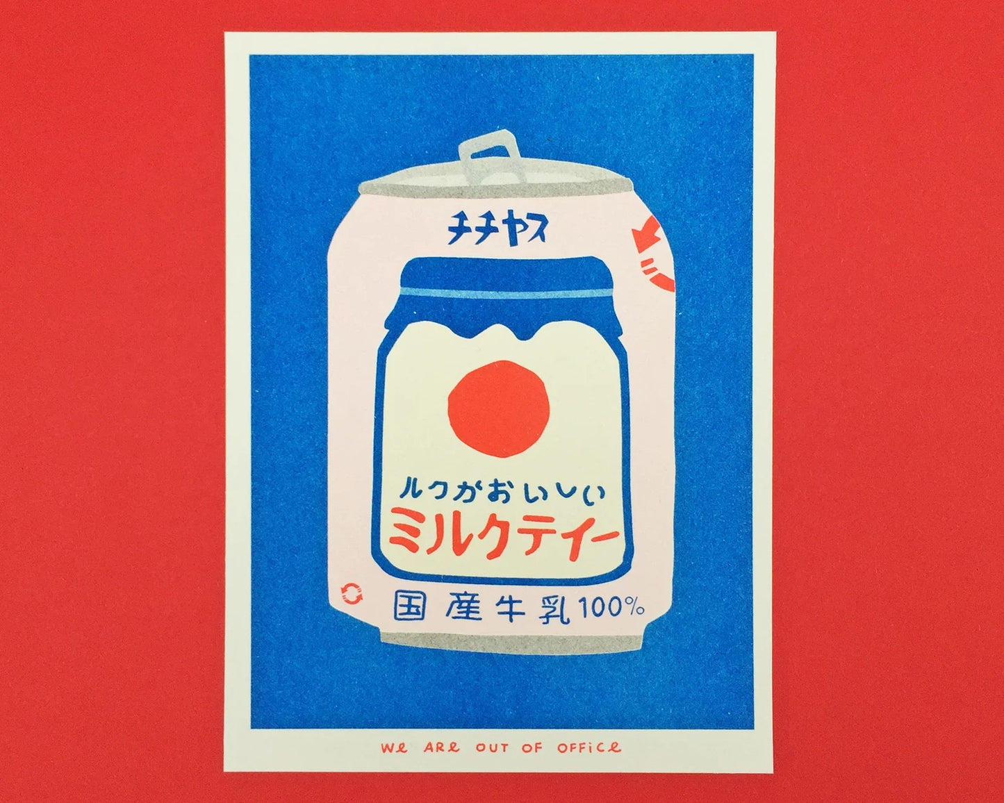 Japanese Can of Milky Tea risograph print by We Are Out of Office – bold and colorful pop-art illustration of retro Japanese drink can in blue, red, and cream tones, printed with soy ink on 300g Biotop paper.
