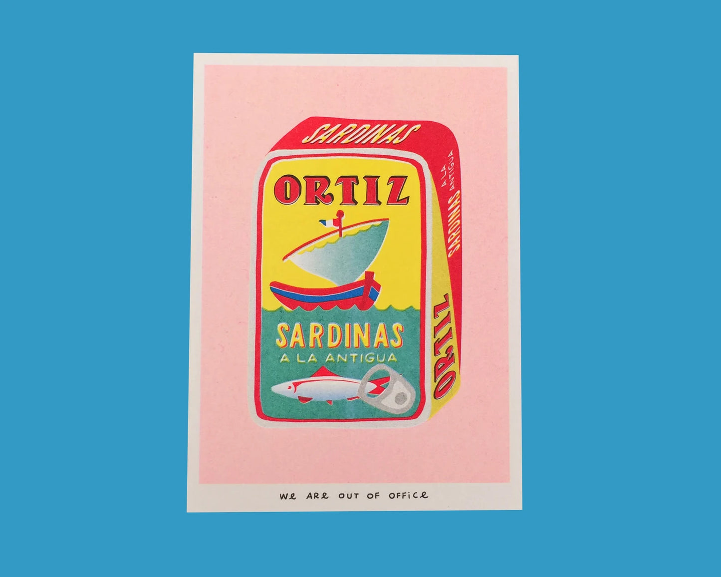 Colorful risoprint illustration of a vintage Ortiz sardine can by We Are Out Of Office, printed with soy ink on 300g Biotop paper – bold kitchen wall art in retro pop art style.