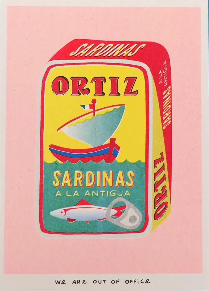 Colorful risoprint illustration of a vintage Ortiz sardine can by We Are Out Of Office, printed with soy ink on 300g Biotop paper – bold kitchen wall art in retro pop art style.