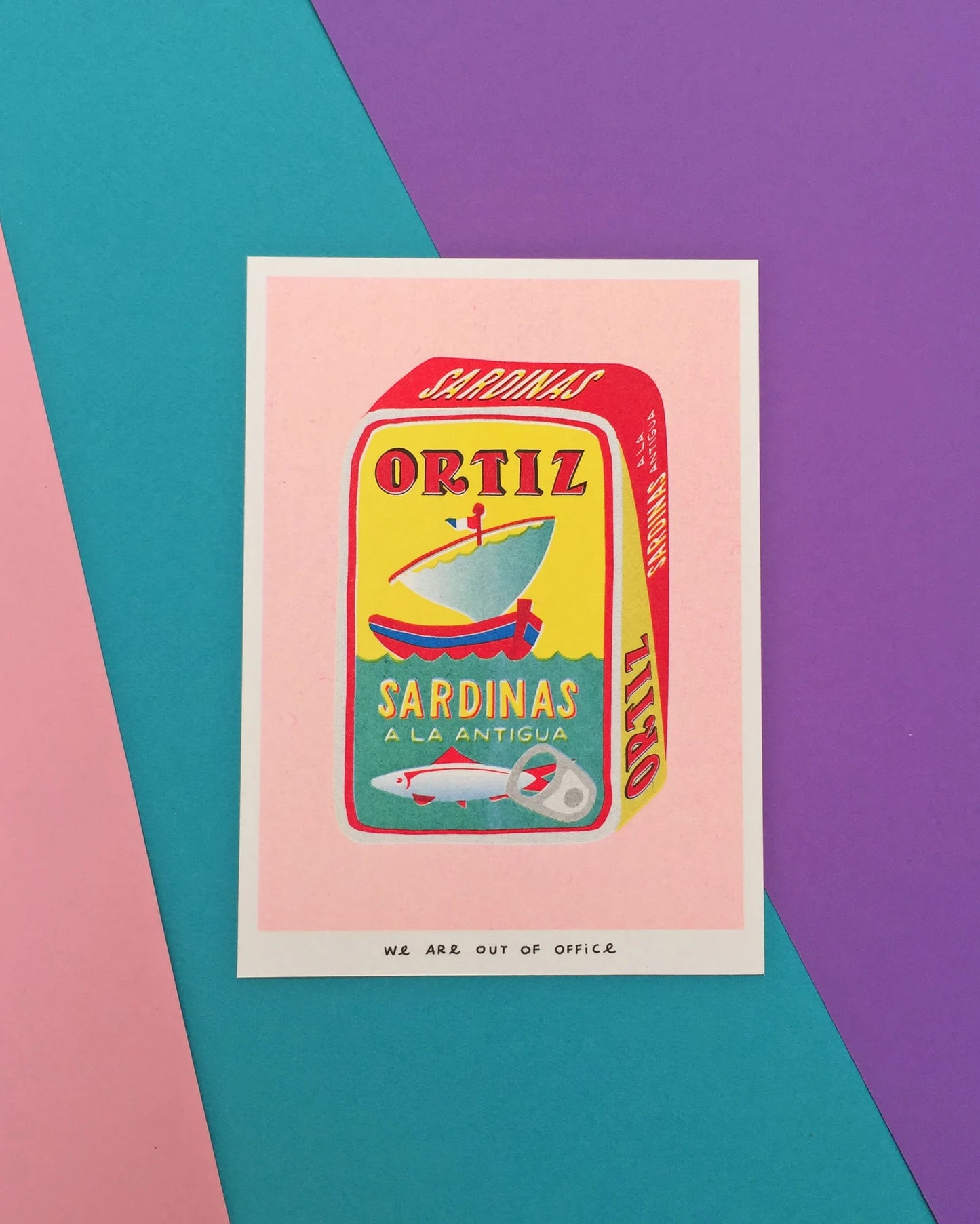 Colorful risoprint illustration of a vintage Ortiz sardine can by We Are Out Of Office, printed with soy ink on 300g Biotop paper – bold kitchen wall art in retro pop art style.
