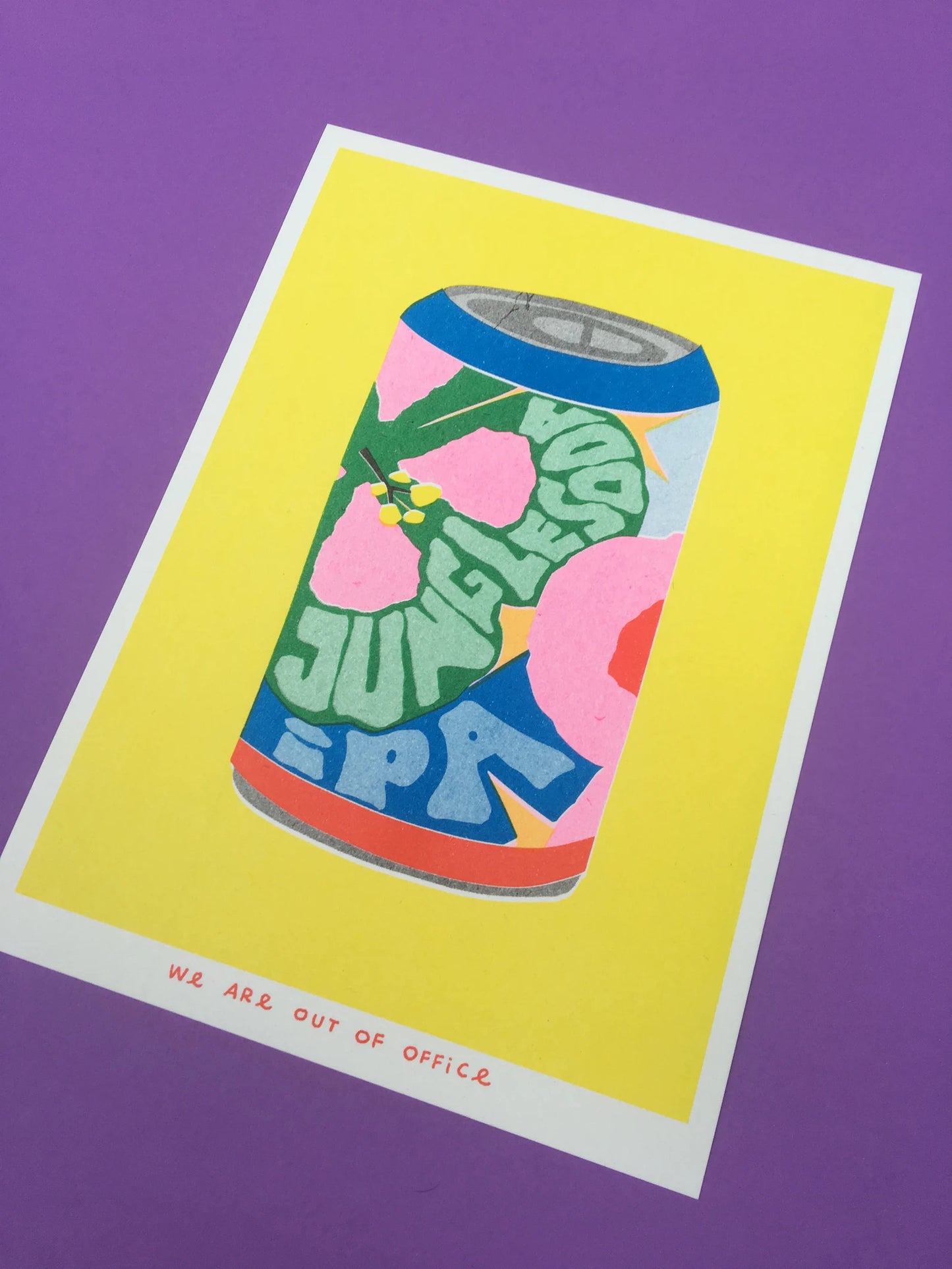 Colorful risograph print of a soda can with floral patterns and bold lettering titled “Jungle Soda IPA” by We Are Out Of Office – small-format wall art with bright yellow background, pop art style, 13 x 18 cm.