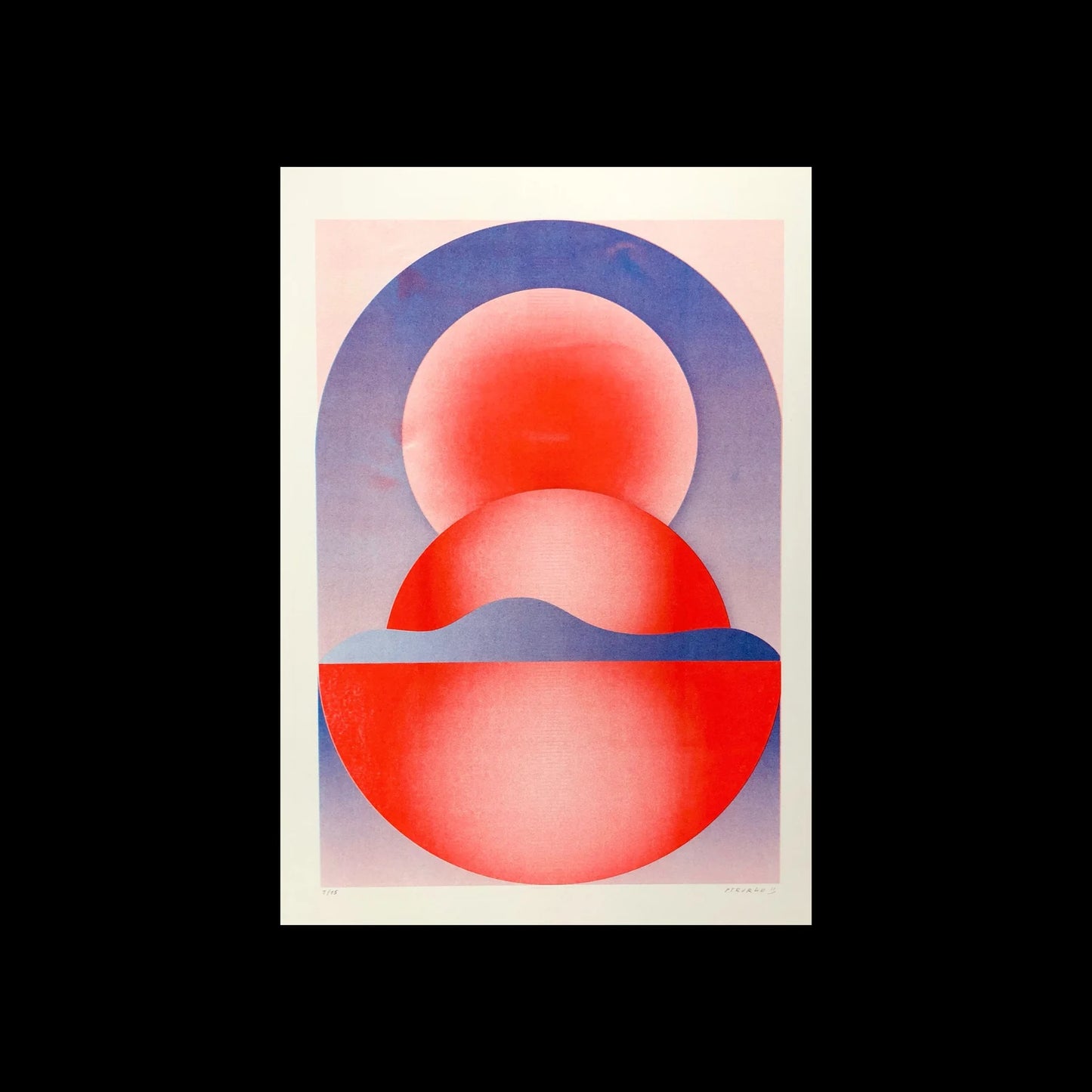 Abstract geometric risograph print by Dutch illustrator PTRVRKD – bold blue and red still life with circular shapes, gradients, and modern minimalist design, printed with eco-friendly soy inks on 250 gsm Biotop paper, handmade in the Netherlands – ideal contemporary wall art for design enthusiasts.