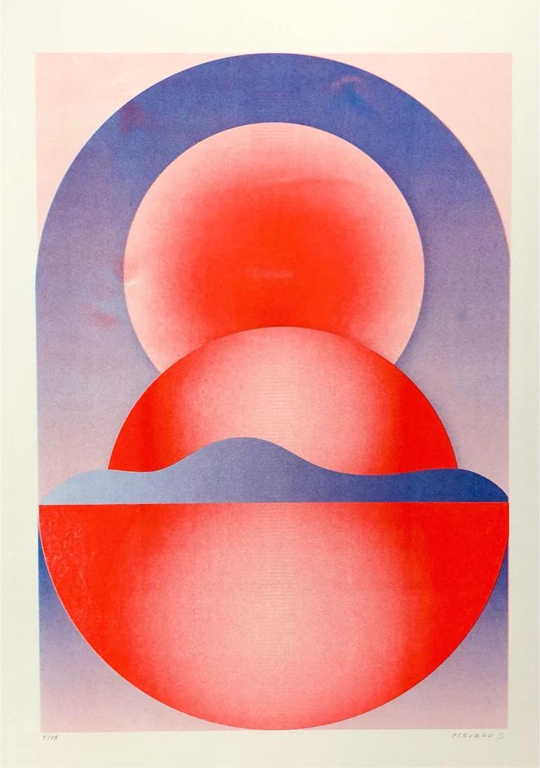 Abstract geometric risograph print by Dutch illustrator PTRVRKD – bold blue and red still life with circular shapes, gradients, and modern minimalist design, printed with eco-friendly soy inks on 250 gsm Biotop paper, handmade in the Netherlands – ideal contemporary wall art for design enthusiasts.