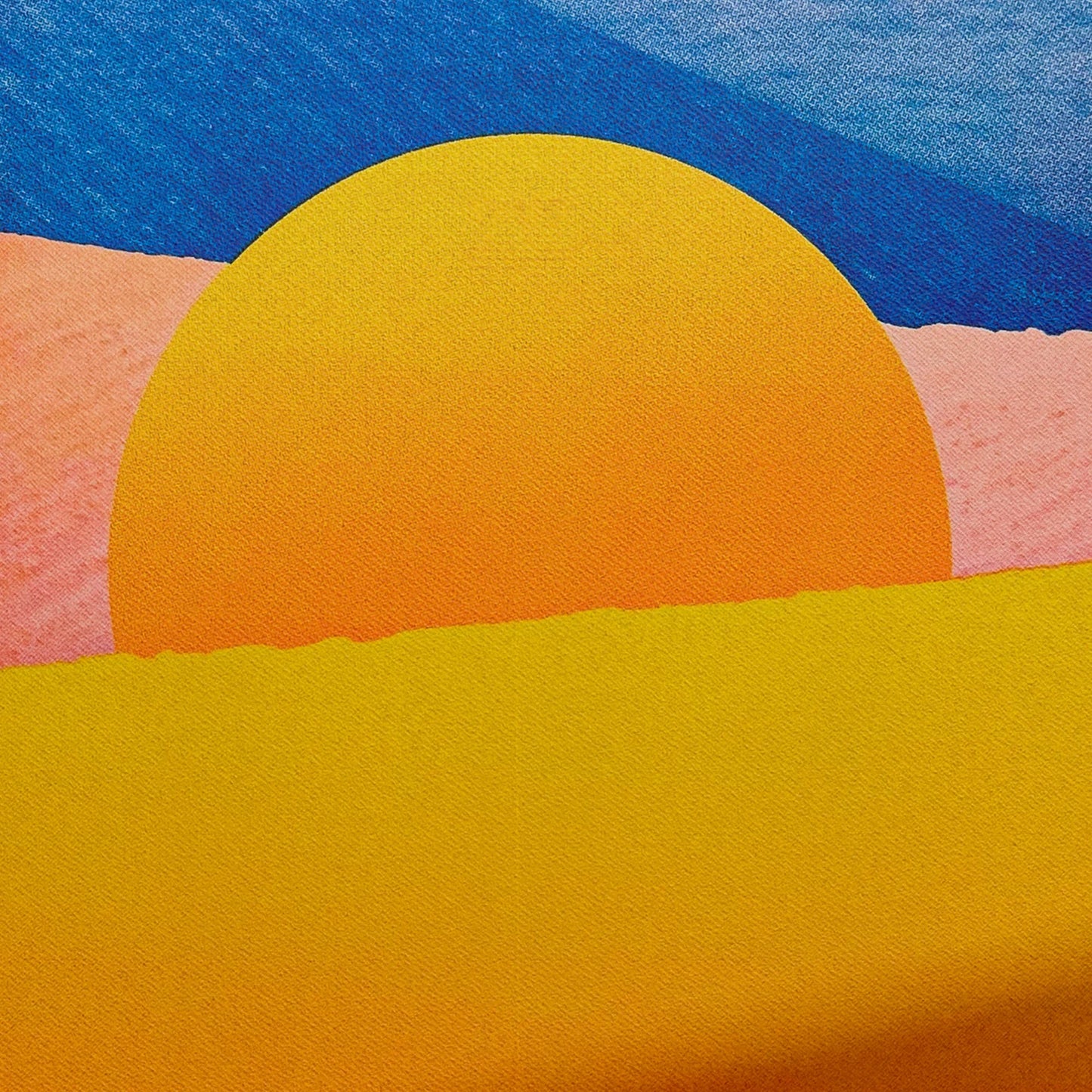 Minimalist desert art print with bold yellow sun and African dune landscape in vivid blue, orange, and peach tones by Dutch artist PTRVRKD – A3 risograph print, limited edition, eco-friendly ink.