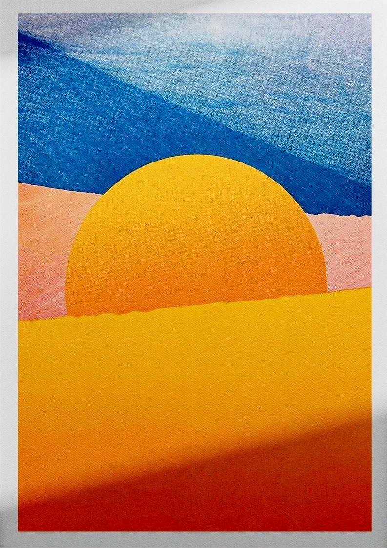 Minimalist desert art print with bold yellow sun and African dune landscape in vivid blue, orange, and peach tones by Dutch artist PTRVRKD – A3 risograph print, limited edition, eco-friendly ink.