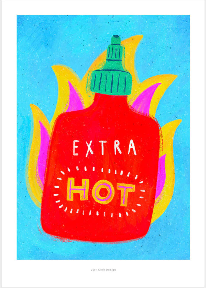 Giclée art print featuring a bright red hot sauce bottle labeled "EXTRA HOT" with stylized yellow and pink flames on a vivid blue background, created by Just Cool Design.