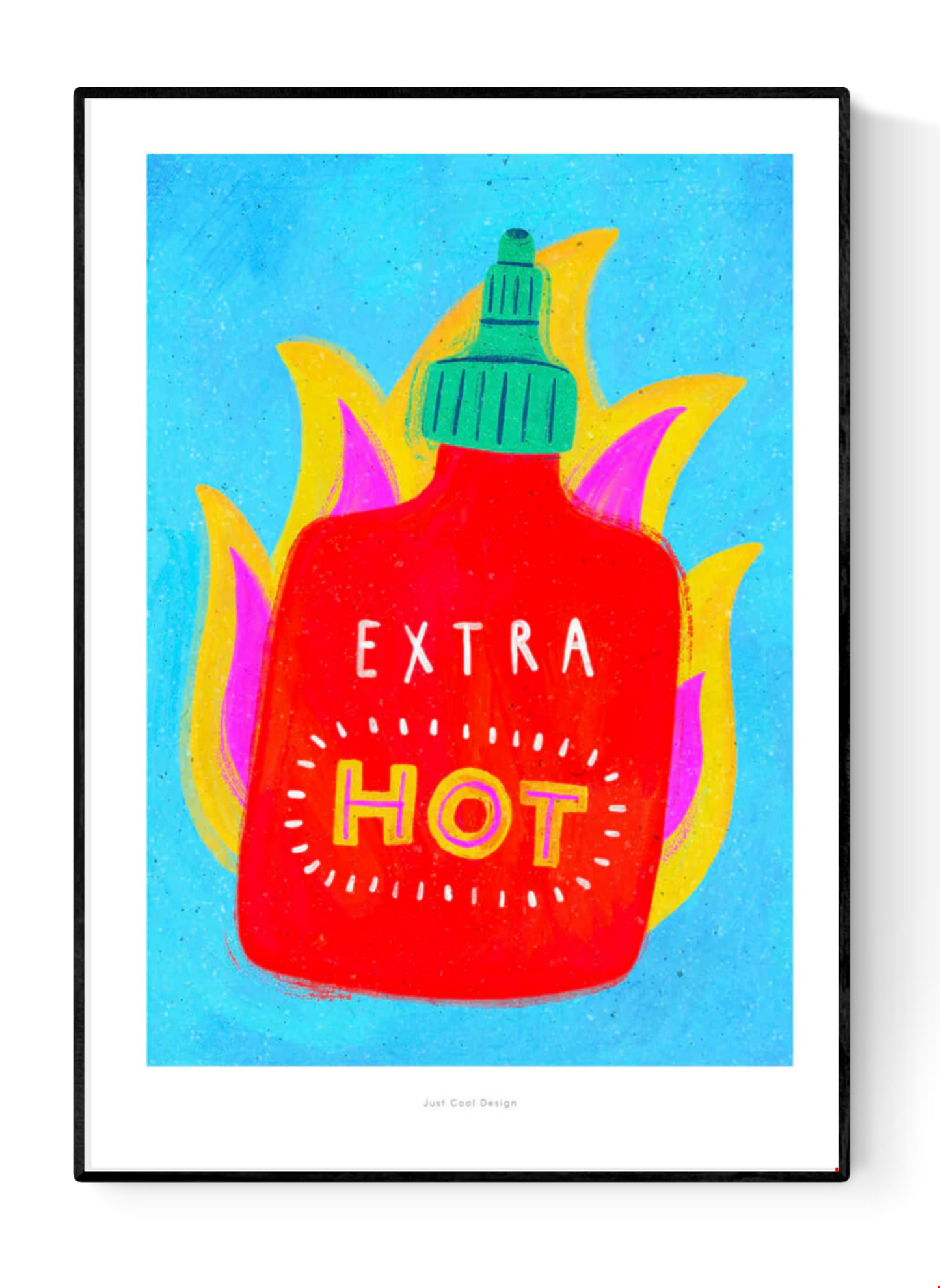 Giclée art print featuring a bright red hot sauce bottle labeled "EXTRA HOT" with stylized yellow and pink flames on a vivid blue background, created by Just Cool Design.