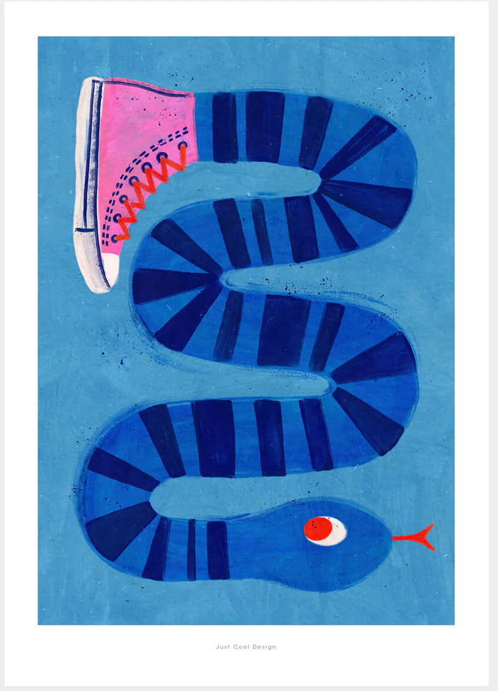 Colorful surreal illustration print by Just Cool Design featuring a long blue striped snake wearing a single pink sneaker, set against a bright blue background. Modern, quirky wall art for playful interiors and design lovers.