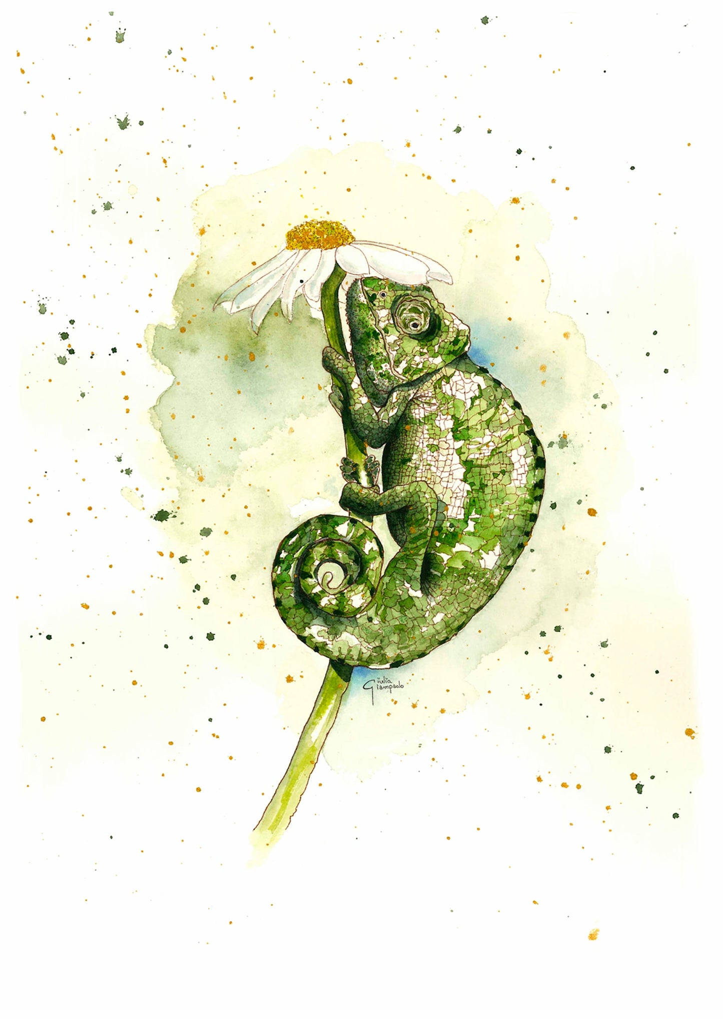 La Señora Carmen fine art giclée print by Giu Watercolor featuring a detailed green chameleon curled around a white daisy, delicate watercolor illustration, 30 x 40 cm nature wall art for modern home decor.