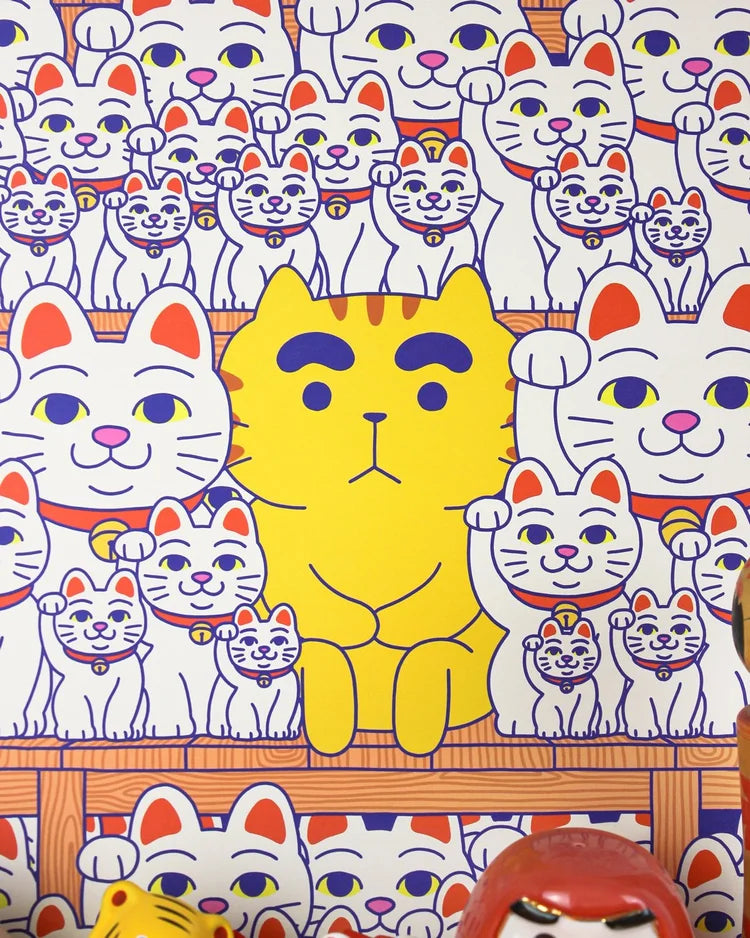 Maneki-Neko art print by Yeaaah! Studio featuring a bright yellow cat among hundreds of white Japanese lucky cats with raised paws, inspired by Gotoku-ji Temple in Tokyo. Digital print on 300g Old Mill Premium White paper, available in 30x40 cm or 50x70 cm, printed in France, unframed.