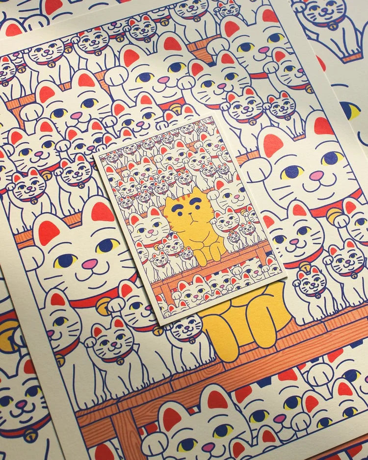 Maneki-Neko art print by Yeaaah! Studio featuring a bright yellow cat among hundreds of white Japanese lucky cats with raised paws, inspired by Gotoku-ji Temple in Tokyo. Digital print on 300g Old Mill Premium White paper, available in 30x40 cm or 50x70 cm, printed in France, unframed.