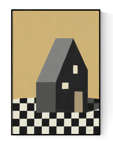 Minimalist house illustration titled “Home I” by MPGMB, featuring a geometric dark house on a black-and-white checkerboard surface with a warm beige background – modern art print on 250g paper, size 30x40 cm.