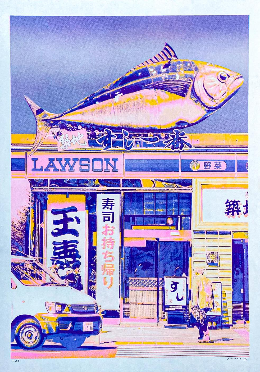 Vibrant risograph print of a Japanese Lawson store with oversized tuna sculpture on top, created by PTRVRKD in CMYK on A3 Biotop paper. Limited edition art print with bold pink, yellow, and blue tones, hand-signed and numbered.