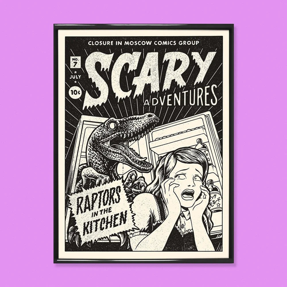 Raptor art print by Yeaaah! Studio featuring retro black-and-white comic cover design with a terrified woman, an open fridge, and a velociraptor inside. Includes text “Raptors in the Kitchen,” printed on 30x40 cm Old Mill Premium White 300g paper, digital print, unframed, made in France.