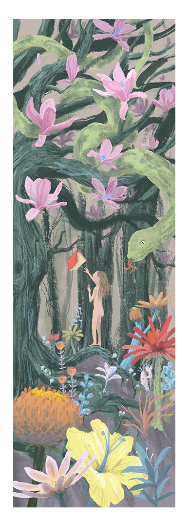 Religion giclée art print by Willy Leung in vertical format showing a symbolic forest scene with flowers, a snake, and a human figure, printed on fine art paper.