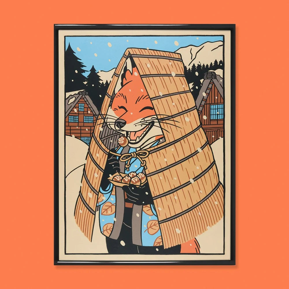 The Fox at the Mino art print by Yeaaah! Studio, featuring a smiling fox in a traditional straw cape eating takoyaki in a snowy Japanese village with mountains and wooden houses in the background. Printed on 300g recycled paper, 30x40 cm, made in France, unframed.