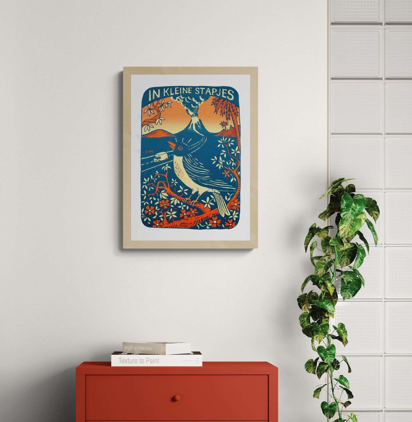 In kleine stapjes limited edition 3-colour screen print by Dennis Dellaert showing a stylized bird perched on a flowering branch with a volcano and winding road in the background, vibrant blue and orange graphic illustration, 30 x 40 cm wall art