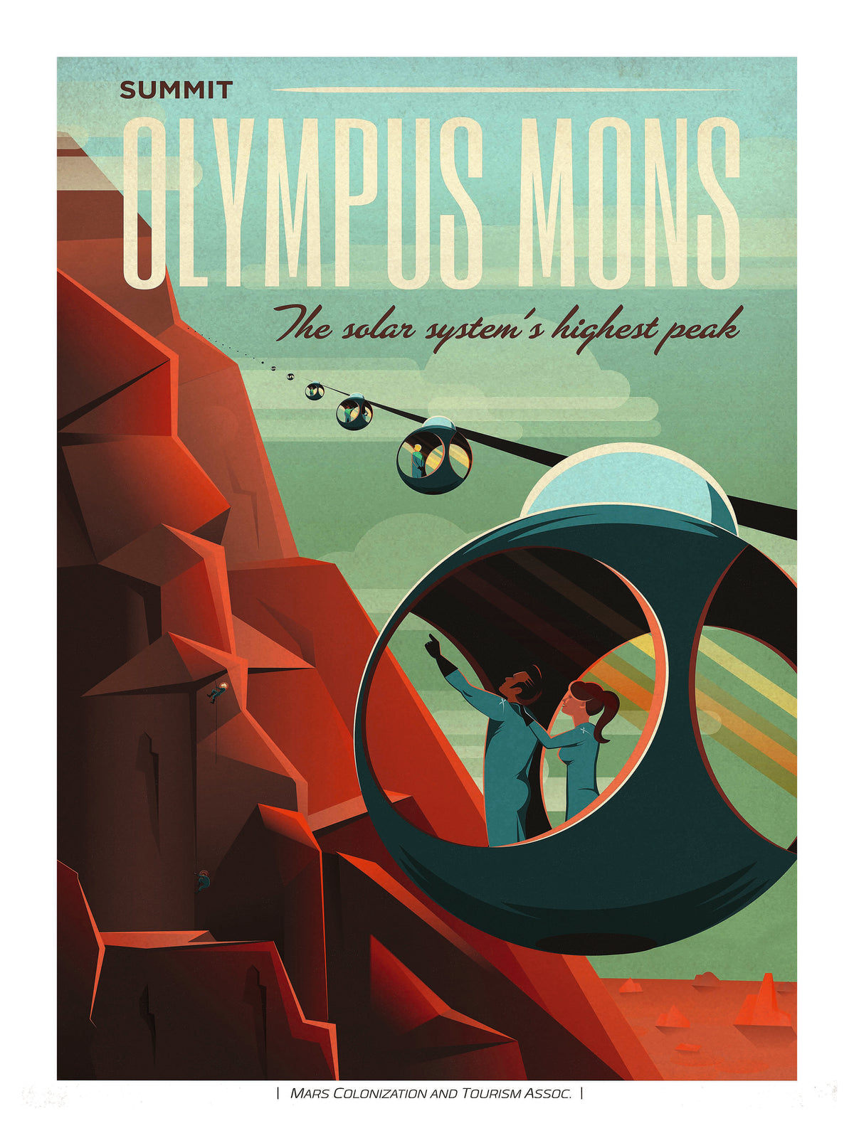 Retro-futurist Olympus Mons Mars travel poster by SpaceX in red, teal and cream, showing futuristic cable cars and climbers. Vertical digital wall art for modern home decor.