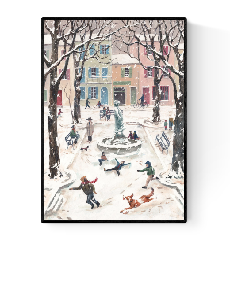 Winter scene illustration of a European village square filled with children and adults playing in the snow, a dog running, and pastel buildings in the background. A nostalgic, cozy winter print by Belgian illustrator Stien van Kerckhoven.
