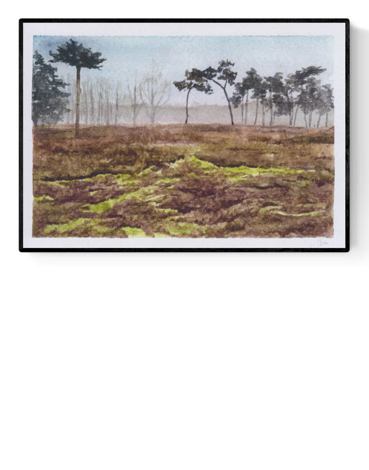 Serene misty landscape art print Landscape 2 by Belgian illustrator Stien van Kerckhoven, featuring soft earthy tones and peaceful nature scene – A5 size, printed on 250g paper in Belgium.