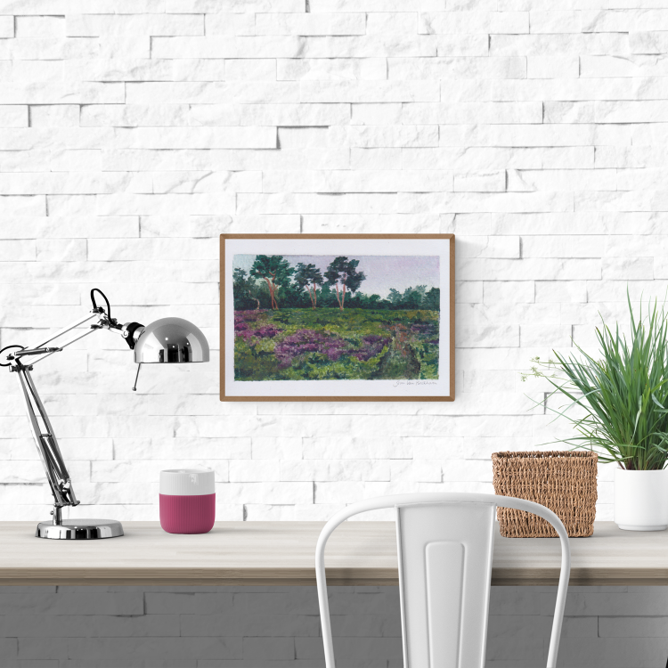 Peaceful countryside landscape print titled Landscape 3 by Belgian illustrator Stien van Kerckhoven, featuring green heath fields and purple wildflowers – A5 size fine art print made in Belgium.