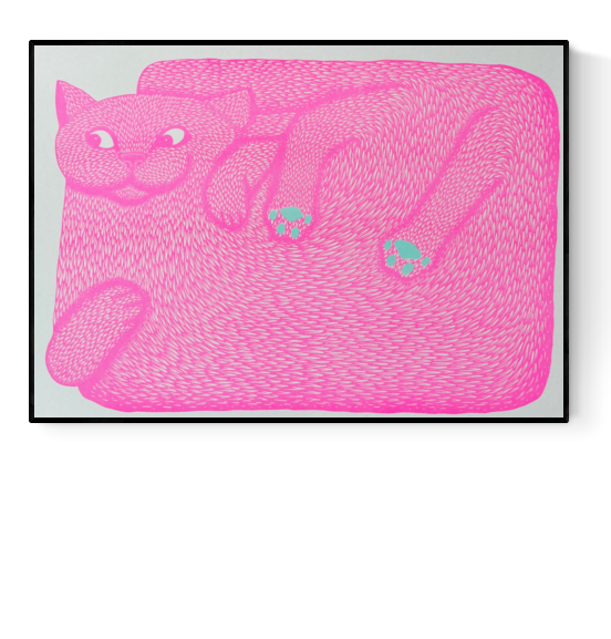 Risograph art print of a stylized pink cat with exaggerated proportions, curled in a rectangular shape with intricate fur textures, bright blue paw pads, and expressive eyes, titled "I'm Just a Paw Boy from a Paw Family" by Strangford – modern linocut-inspired animal illustration printed on recycled paper, ideal for cat lovers and fans of quirky, colorful wall art.