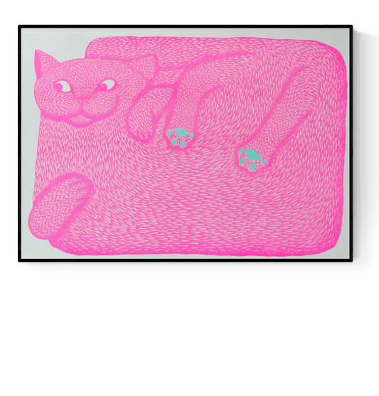 Risograph art print of a stylized pink cat with exaggerated proportions, curled in a rectangular shape with intricate fur textures, bright blue paw pads, and expressive eyes, titled "I'm Just a Paw Boy from a Paw Family" by Strangford – modern linocut-inspired animal illustration printed on recycled paper, ideal for cat lovers and fans of quirky, colorful wall art.