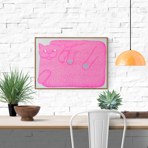 Risograph art print of a stylized pink cat with exaggerated proportions, curled in a rectangular shape with intricate fur textures, bright blue paw pads, and expressive eyes, titled "I'm Just a Paw Boy from a Paw Family" by Strangford – modern linocut-inspired animal illustration printed on recycled paper, ideal for cat lovers and fans of quirky, colorful wall art.