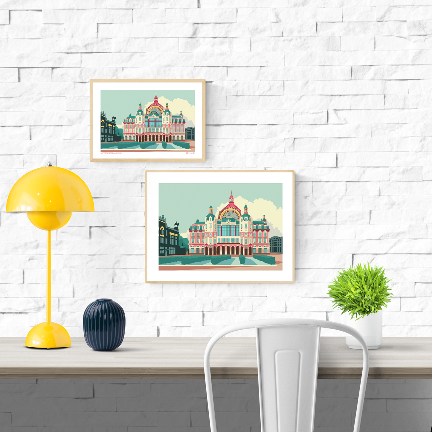 Central Station Antwerp art print by Studio Frits – vibrant architectural illustration of Antwerp's iconic train station in bold pastel tones. Perfect wall decor for architecture lovers, Belgium travel enthusiasts, and collectors of contemporary cityscape prints. Available exclusively at Galerie Frits