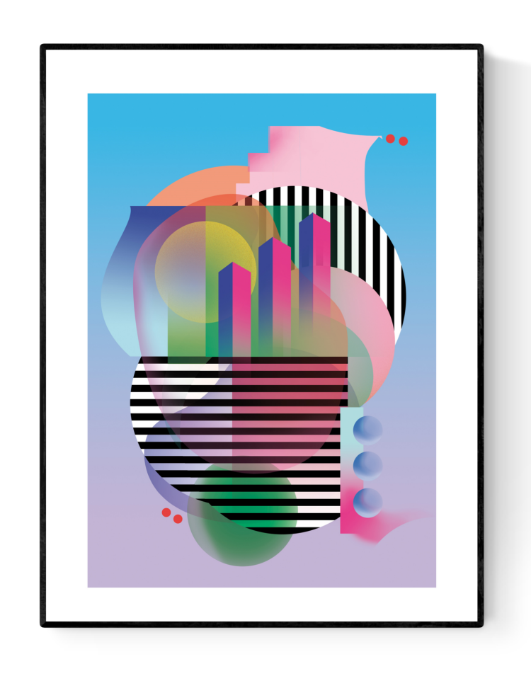 Set of three abstract geometric art prints with bold shapes, bright gradients, and black stripes, inspired by the architecture and energy of New York City – New York (set of 3) by Studio Frits, 30 x 40 cm modern wall art.