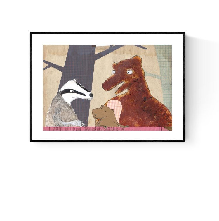 Whimsical collage-style illustrations by Studio Frits from the 'Animal School' series, featuring charming woodland creatures—bears, badgers, rabbits, and ducks—engaging in school-like scenes set in stylized forest environments. Created with layered textures, vintage maps, and paper cutout effects, these playful and imaginative prints are perfect for children’s rooms, creative spaces, and storybook-themed decor