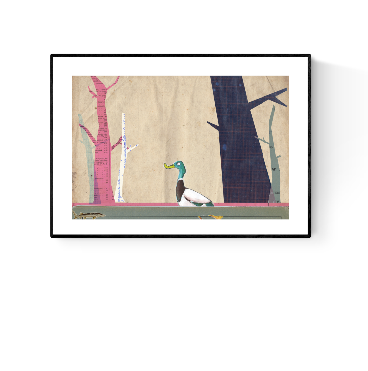 Whimsical collage-style illustrations by Studio Frits from the 'Animal School' series, featuring charming woodland creatures—bears, badgers, rabbits, and ducks—engaging in school-like scenes set in stylized forest environments. Created with layered textures, vintage maps, and paper cutout effects, these playful and imaginative prints are perfect for children’s rooms, creative spaces, and storybook-themed decor